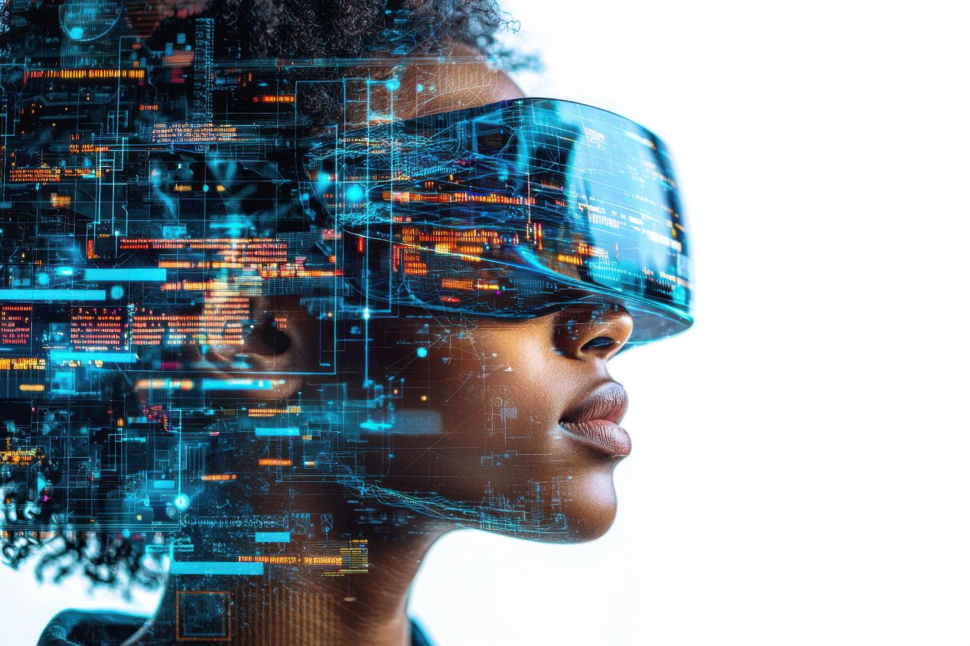 Femme portant un visiocasque traversé de données numériques